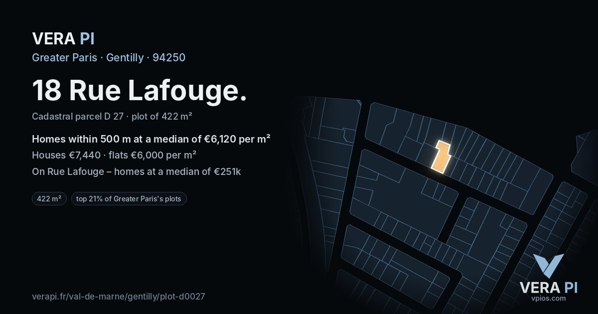 18 Rue Lafouge, Gentilly at night – the plot lit, the parcels around coloured by the prices near them