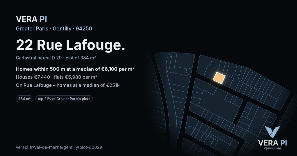 22 Rue Lafouge, Gentilly at night – the plot lit, the parcels around coloured by the prices near them