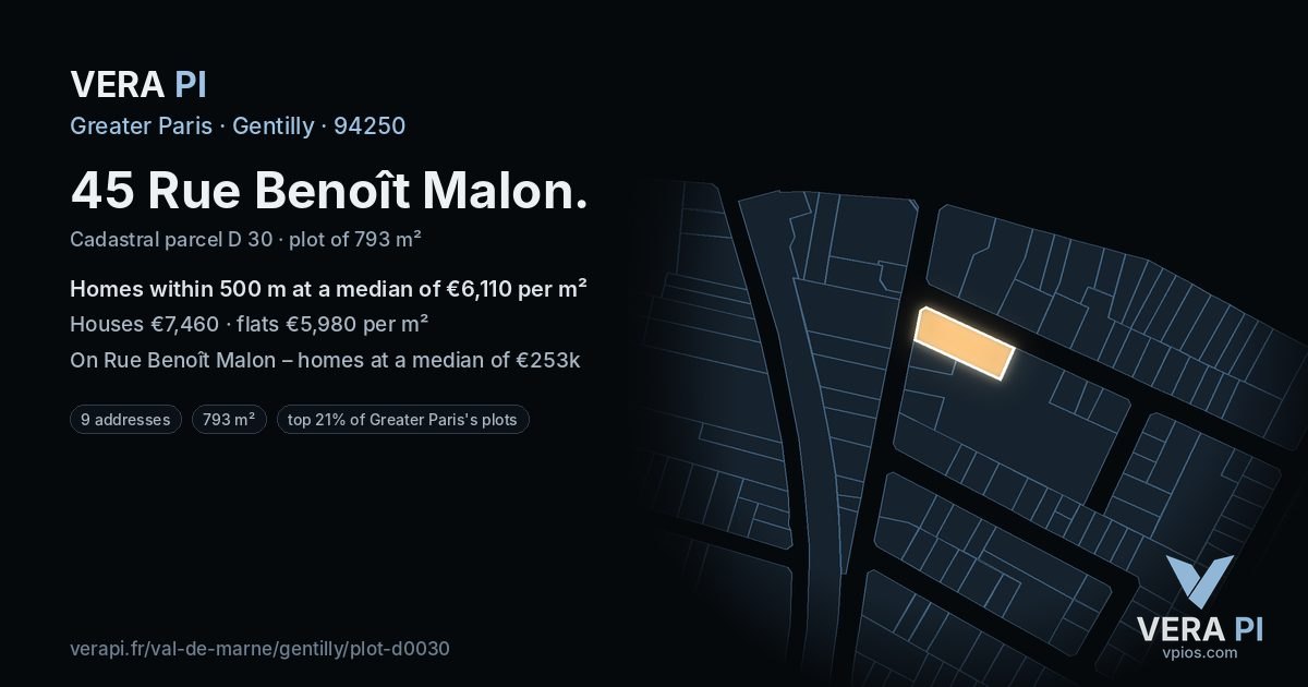 45 Rue Benoît Malon, Gentilly at night – the plot lit, the parcels around coloured by the prices near them