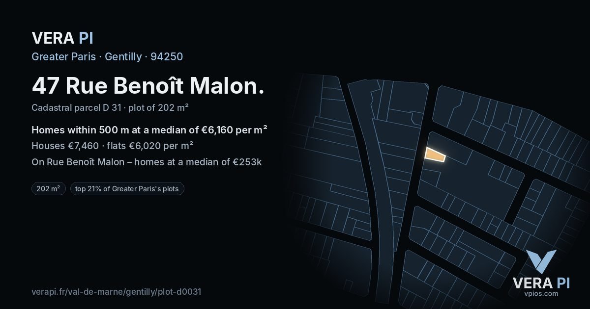 47 Rue Benoît Malon, Gentilly at night – the plot lit, the parcels around coloured by the prices near them