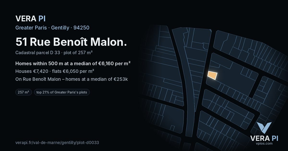 51 Rue Benoît Malon, Gentilly at night – the plot lit, the parcels around coloured by the prices near them