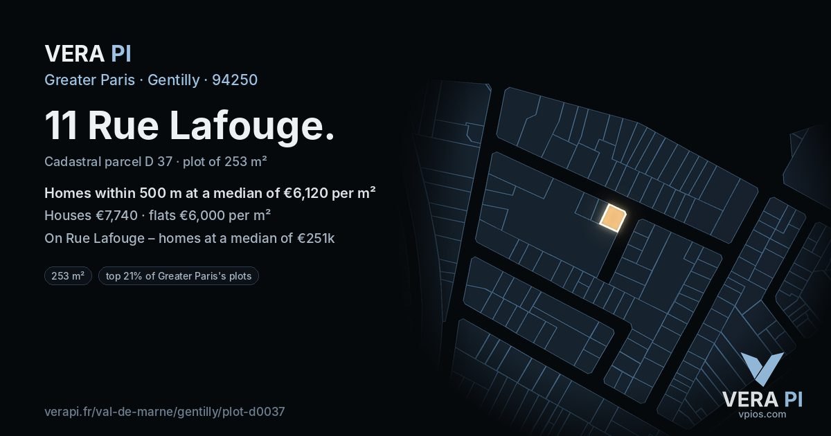 11 Rue Lafouge, Gentilly at night – the plot lit, the parcels around coloured by the prices near them
