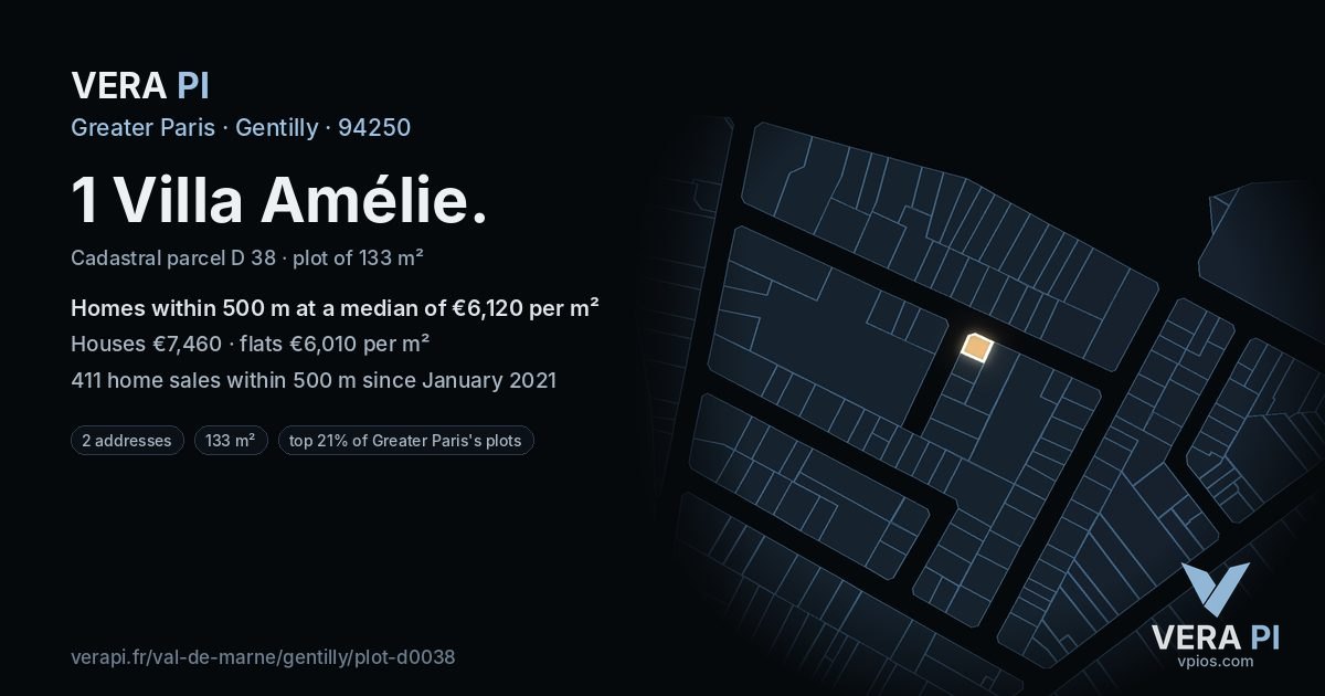 1 Villa Amélie, Gentilly at night – the plot lit, the parcels around coloured by the prices near them