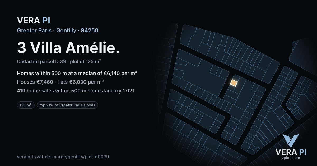 3 Villa Amélie, Gentilly at night – the plot lit, the parcels around coloured by the prices near them