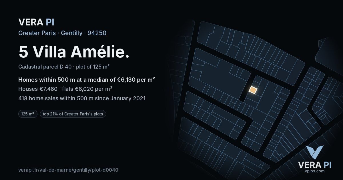 5 Villa Amélie, Gentilly at night – the plot lit, the parcels around coloured by the prices near them