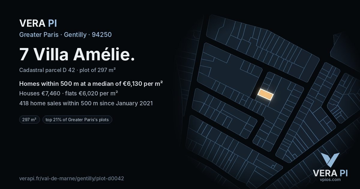 7 Villa Amélie, Gentilly at night – the plot lit, the parcels around coloured by the prices near them