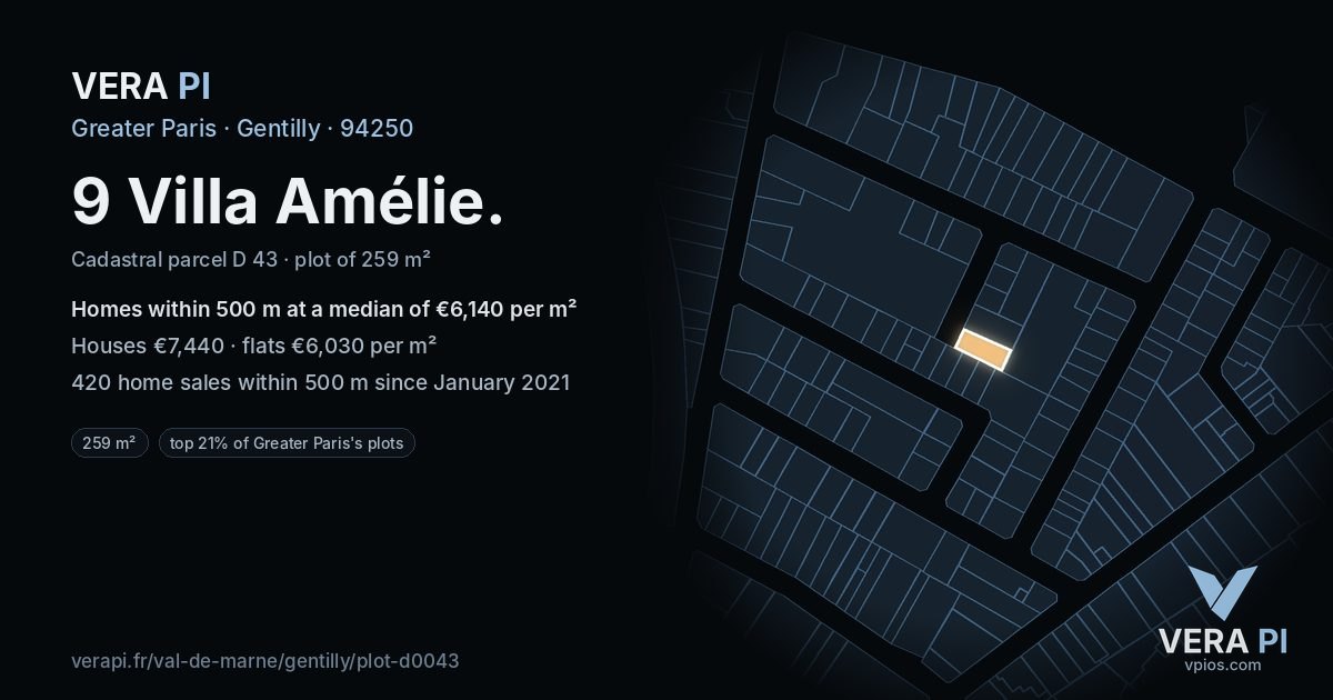 9 Villa Amélie, Gentilly at night – the plot lit, the parcels around coloured by the prices near them