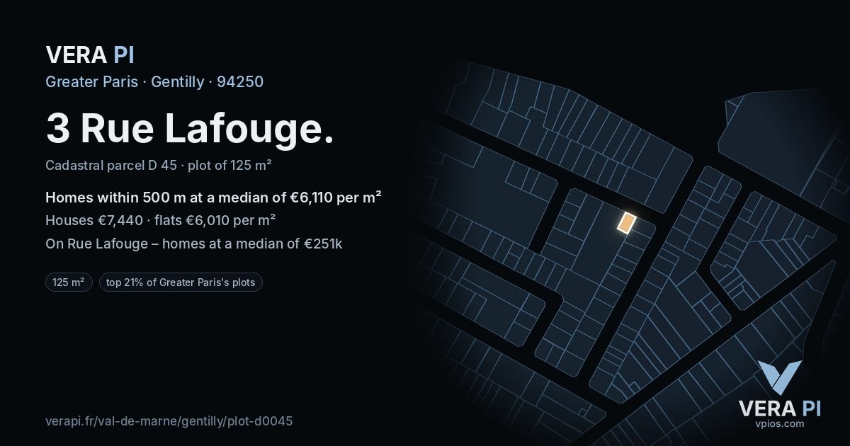 3 Rue Lafouge, Gentilly at night – the plot lit, the parcels around coloured by the prices near them
