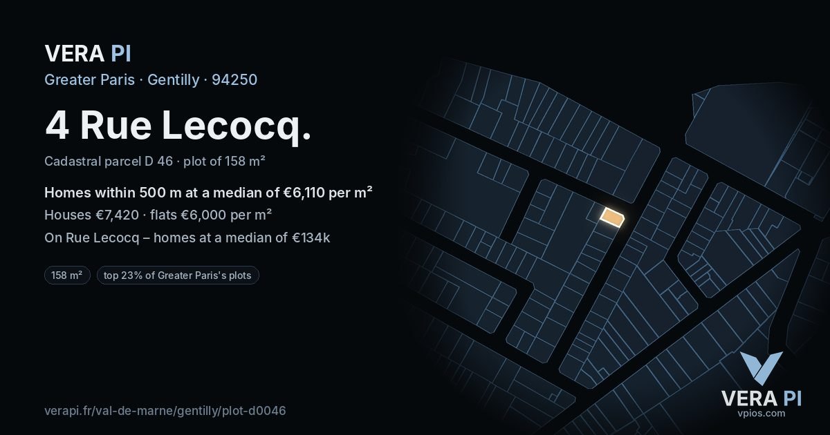 4 Rue Lecocq, Gentilly at night – the plot lit, the parcels around coloured by the prices near them