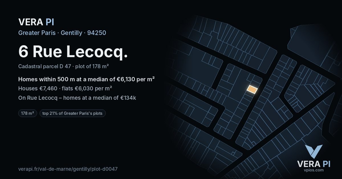 6 Rue Lecocq, Gentilly at night – the plot lit, the parcels around coloured by the prices near them