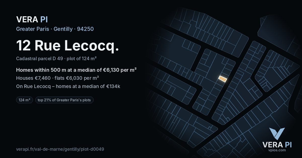 12 Rue Lecocq, Gentilly at night – the plot lit, the parcels around coloured by the prices near them