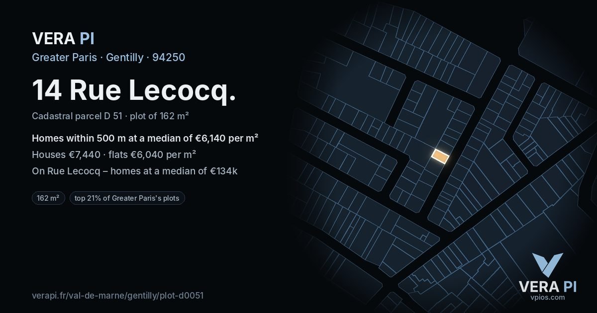 14 Rue Lecocq, Gentilly at night – the plot lit, the parcels around coloured by the prices near them