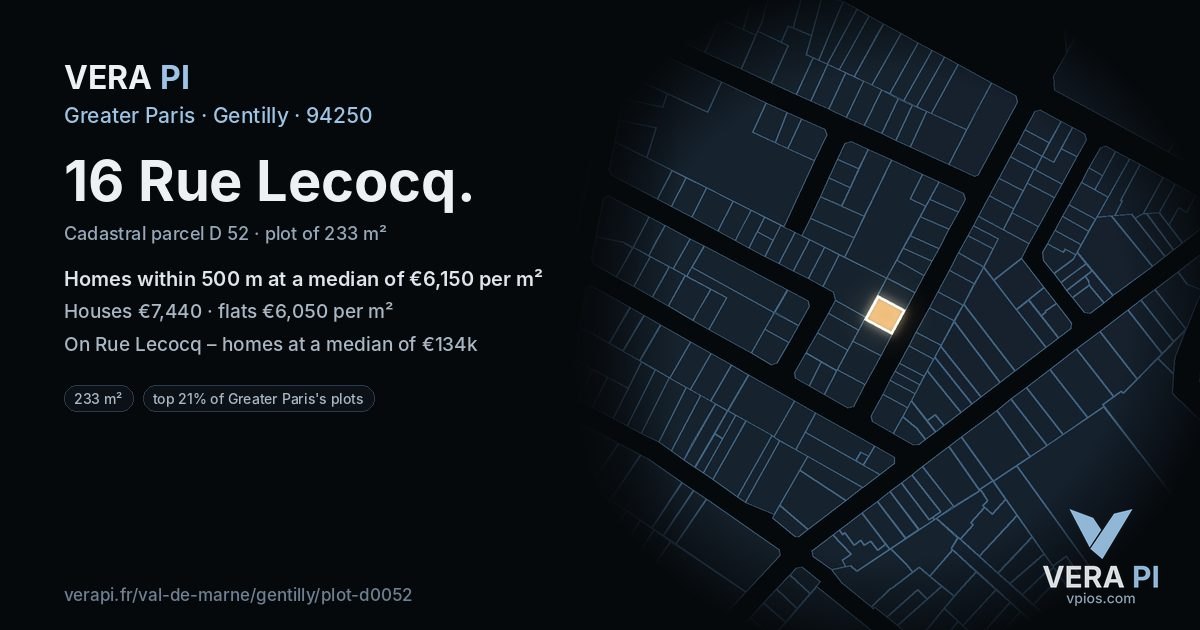 16 Rue Lecocq, Gentilly at night – the plot lit, the parcels around coloured by the prices near them