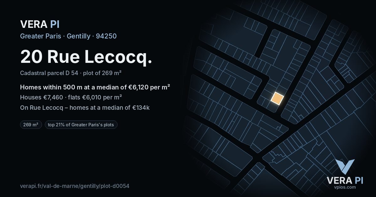 20 Rue Lecocq, Gentilly at night – the plot lit, the parcels around coloured by the prices near them