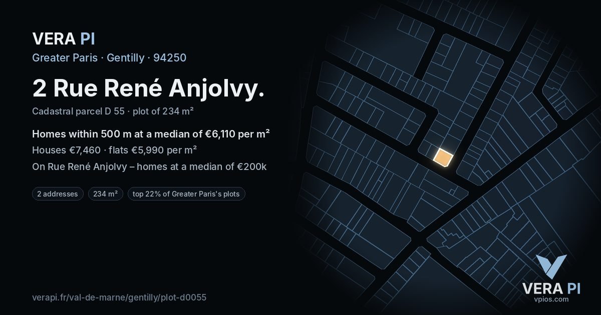 2 Rue René Anjolvy, Gentilly at night – the plot lit, the parcels around coloured by the prices near them