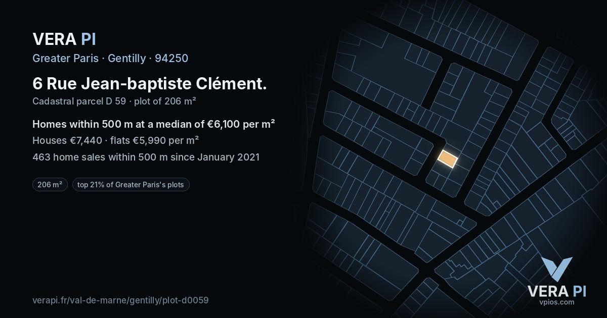 6 Rue Jean-baptiste Clément, Gentilly at night – the plot lit, the parcels around coloured by the prices near them