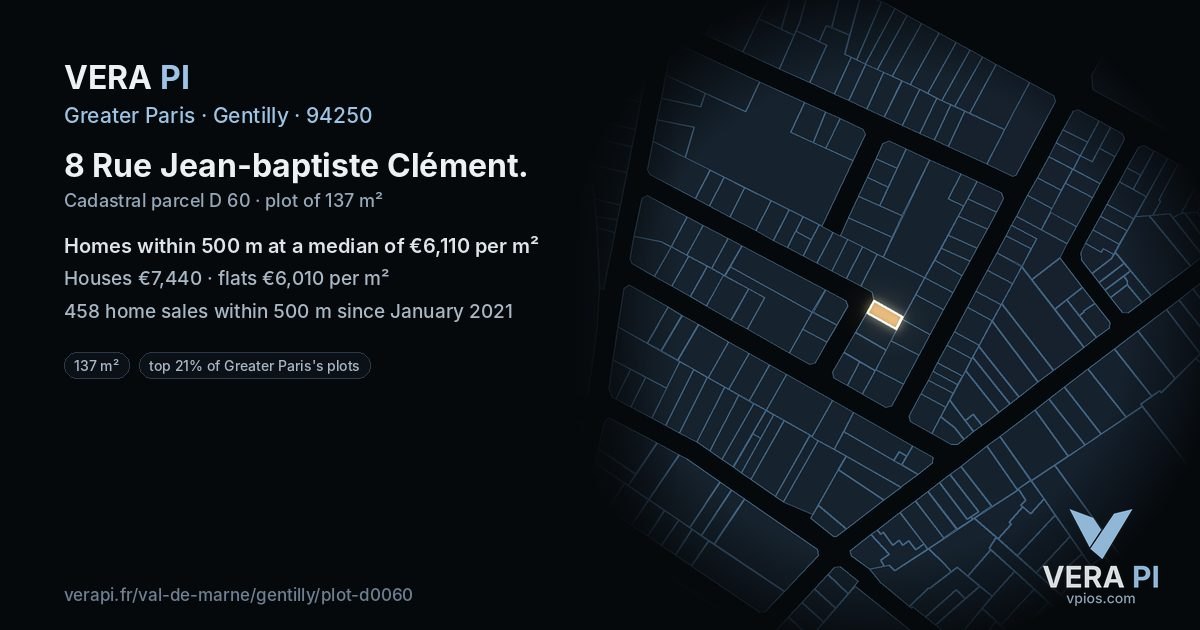 8 Rue Jean-baptiste Clément, Gentilly at night – the plot lit, the parcels around coloured by the prices near them