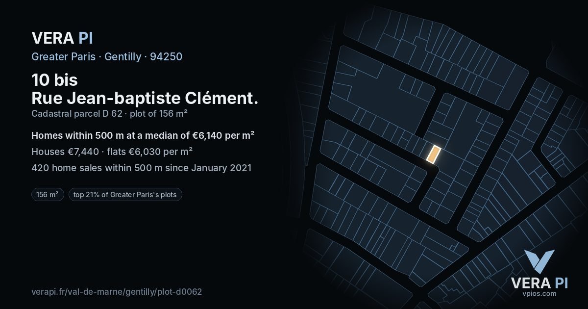 10 bis Rue Jean-baptiste Clément, Gentilly at night – the plot lit, the parcels around coloured by the prices near them
