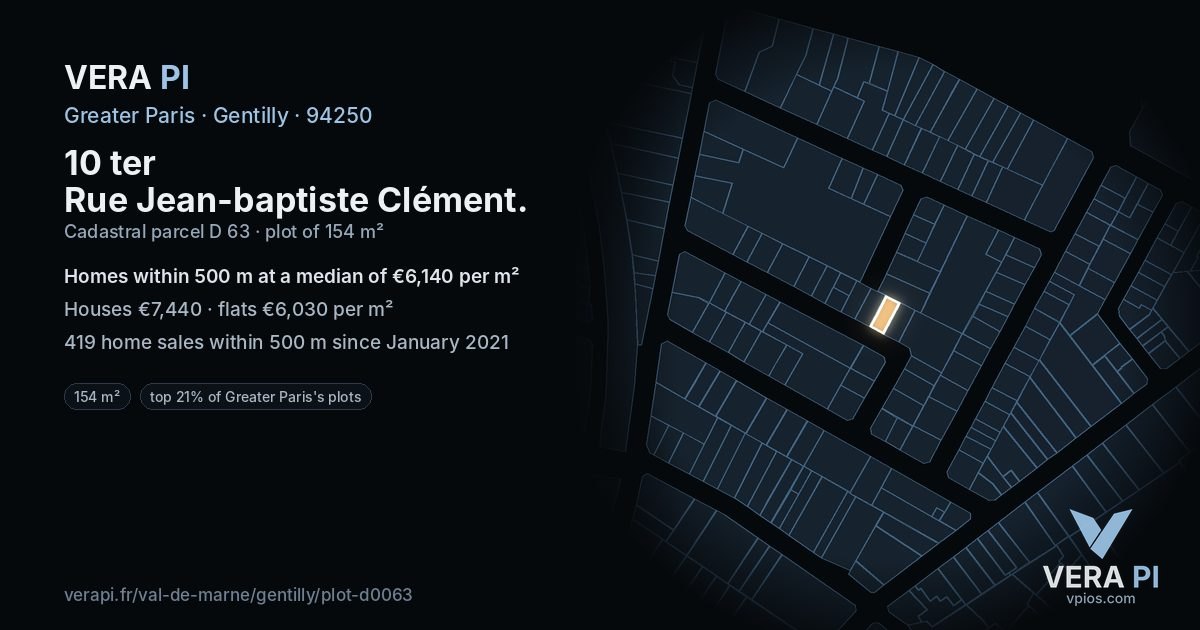 10 ter Rue Jean-baptiste Clément, Gentilly at night – the plot lit, the parcels around coloured by the prices near them