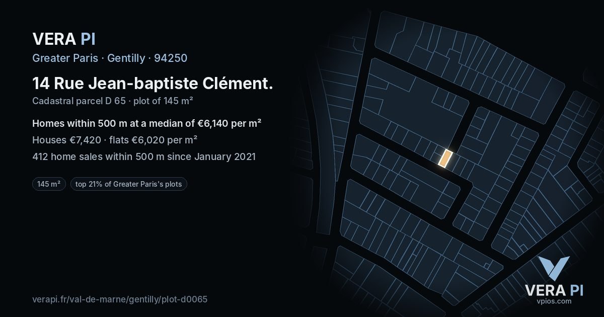 14 Rue Jean-baptiste Clément, Gentilly at night – the plot lit, the parcels around coloured by the prices near them