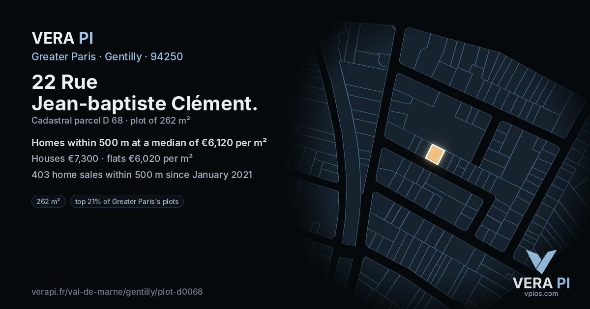 22 Rue Jean-baptiste Clément, Gentilly at night – the plot lit, the parcels around coloured by the prices near them