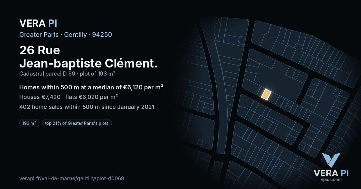 26 Rue Jean-baptiste Clément, Gentilly at night – the plot lit, the parcels around coloured by the prices near them