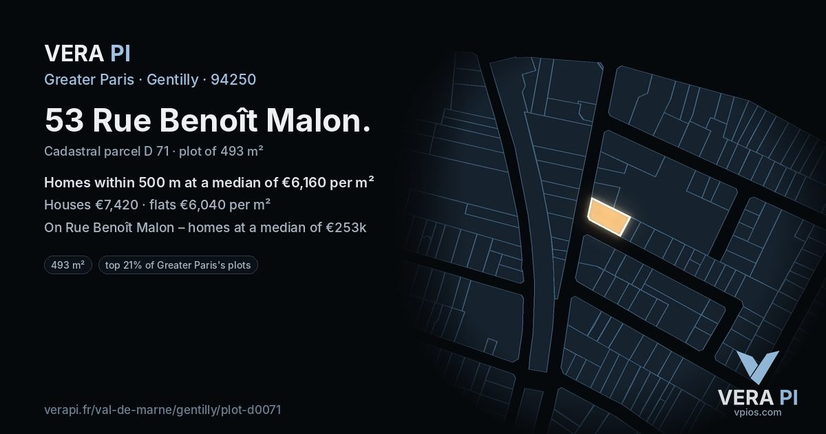 53 Rue Benoît Malon, Gentilly at night – the plot lit, the parcels around coloured by the prices near them