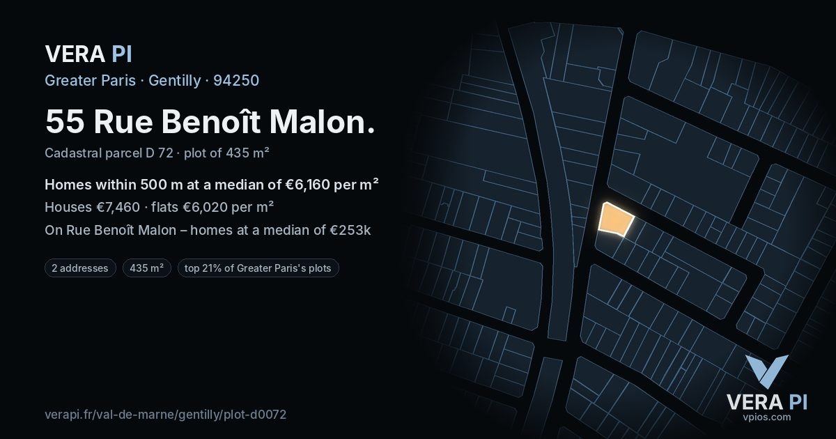 55 Rue Benoît Malon, Gentilly at night – the plot lit, the parcels around coloured by the prices near them