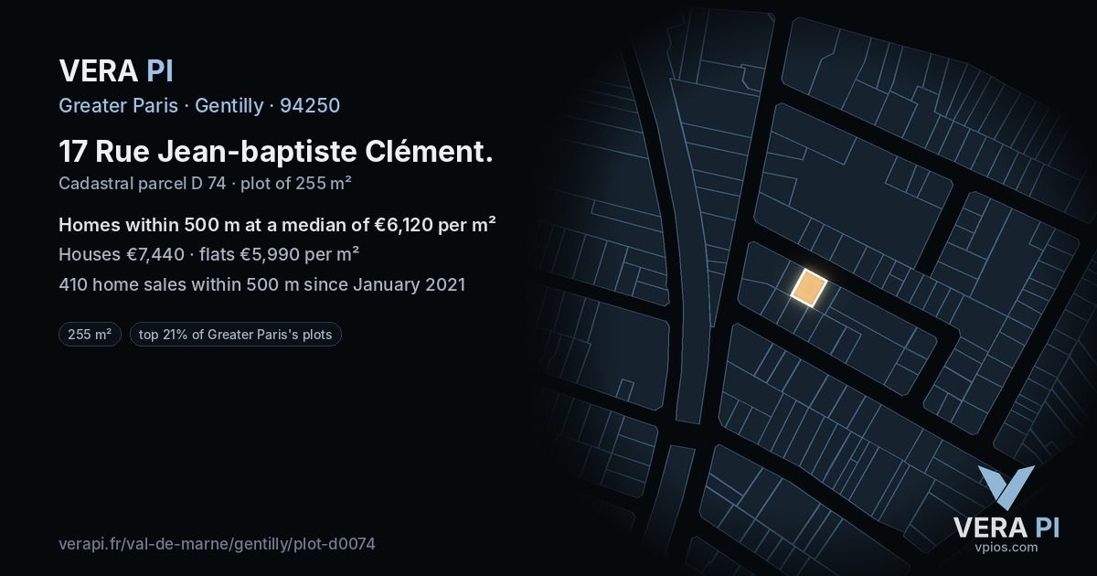 17 Rue Jean-baptiste Clément, Gentilly at night – the plot lit, the parcels around coloured by the prices near them