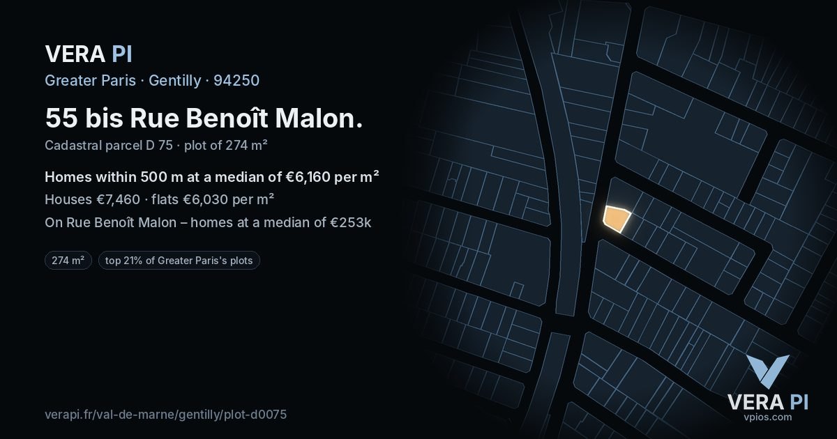 55 bis Rue Benoît Malon, Gentilly at night – the plot lit, the parcels around coloured by the prices near them
