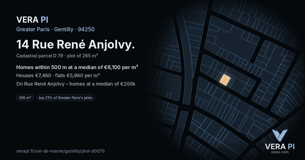 14 Rue René Anjolvy, Gentilly at night – the plot lit, the parcels around coloured by the prices near them