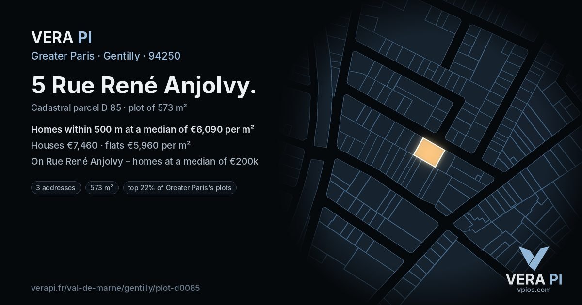 5 Rue René Anjolvy, Gentilly at night – the plot lit, the parcels around coloured by the prices near them