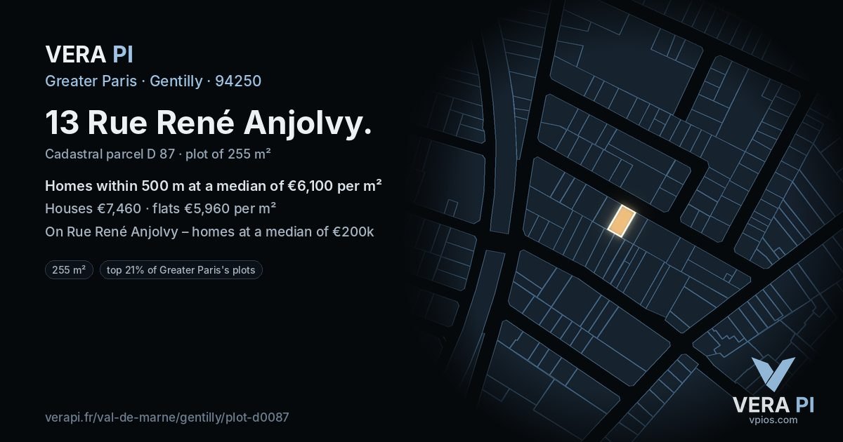 13 Rue René Anjolvy, Gentilly at night – the plot lit, the parcels around coloured by the prices near them