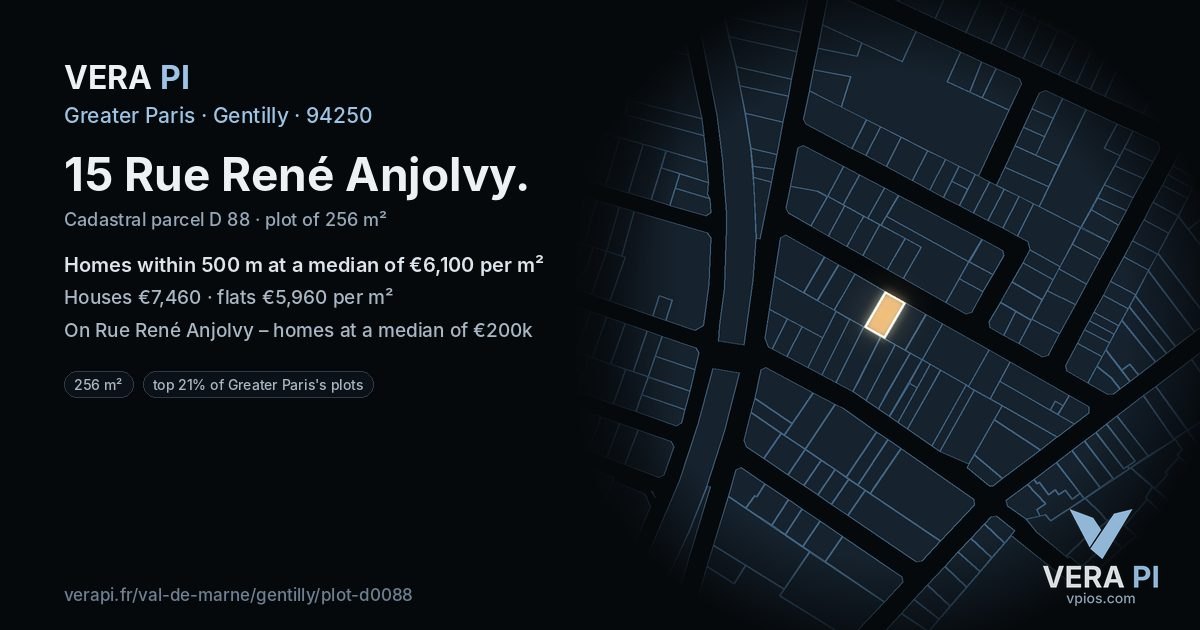 15 Rue René Anjolvy, Gentilly at night – the plot lit, the parcels around coloured by the prices near them