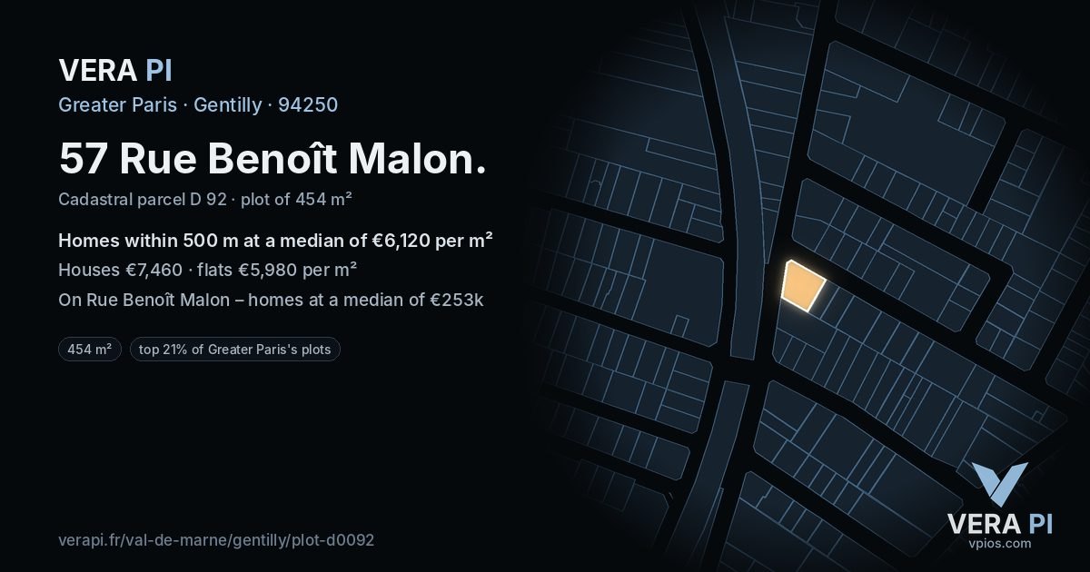 57 Rue Benoît Malon, Gentilly at night – the plot lit, the parcels around coloured by the prices near them