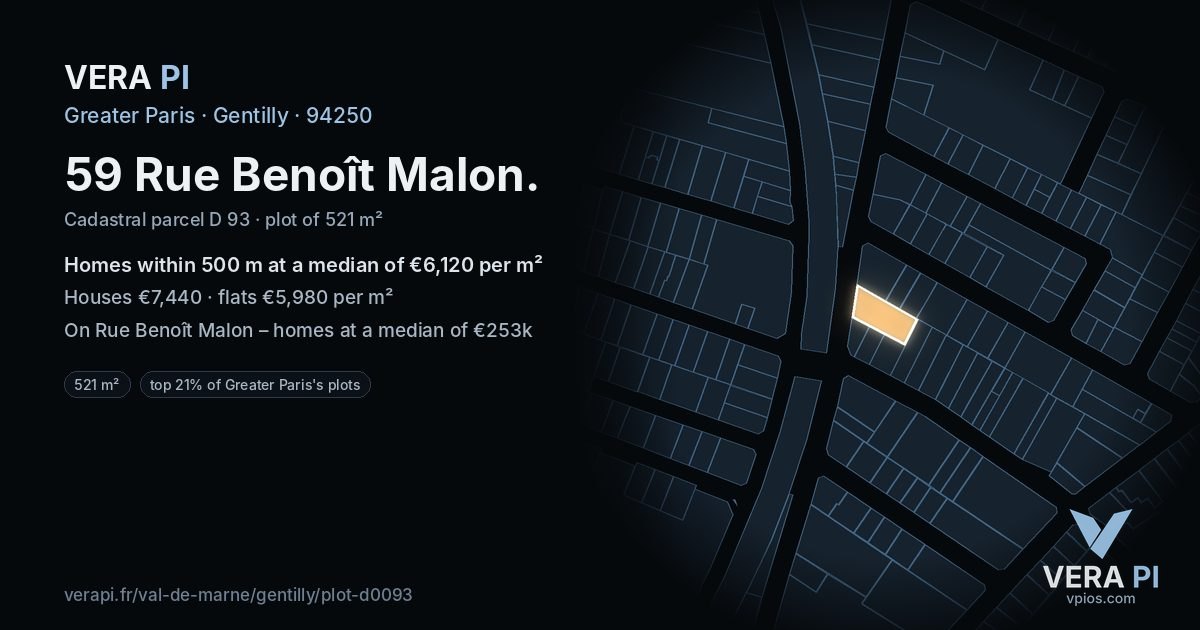 59 Rue Benoît Malon, Gentilly at night – the plot lit, the parcels around coloured by the prices near them