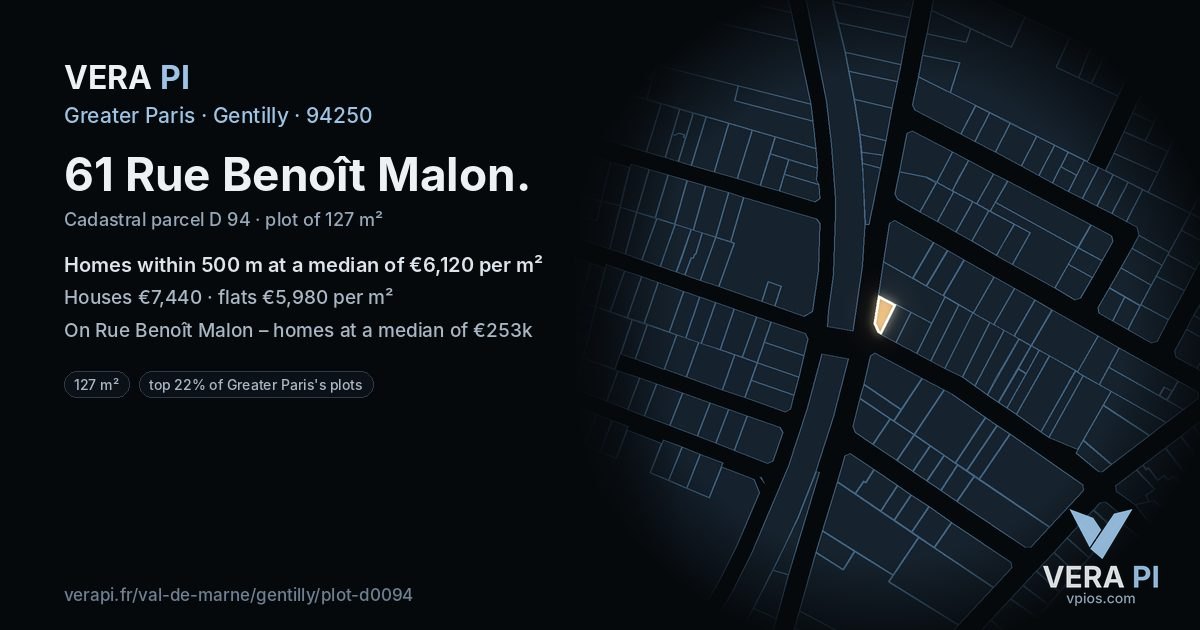 61 Rue Benoît Malon, Gentilly at night – the plot lit, the parcels around coloured by the prices near them