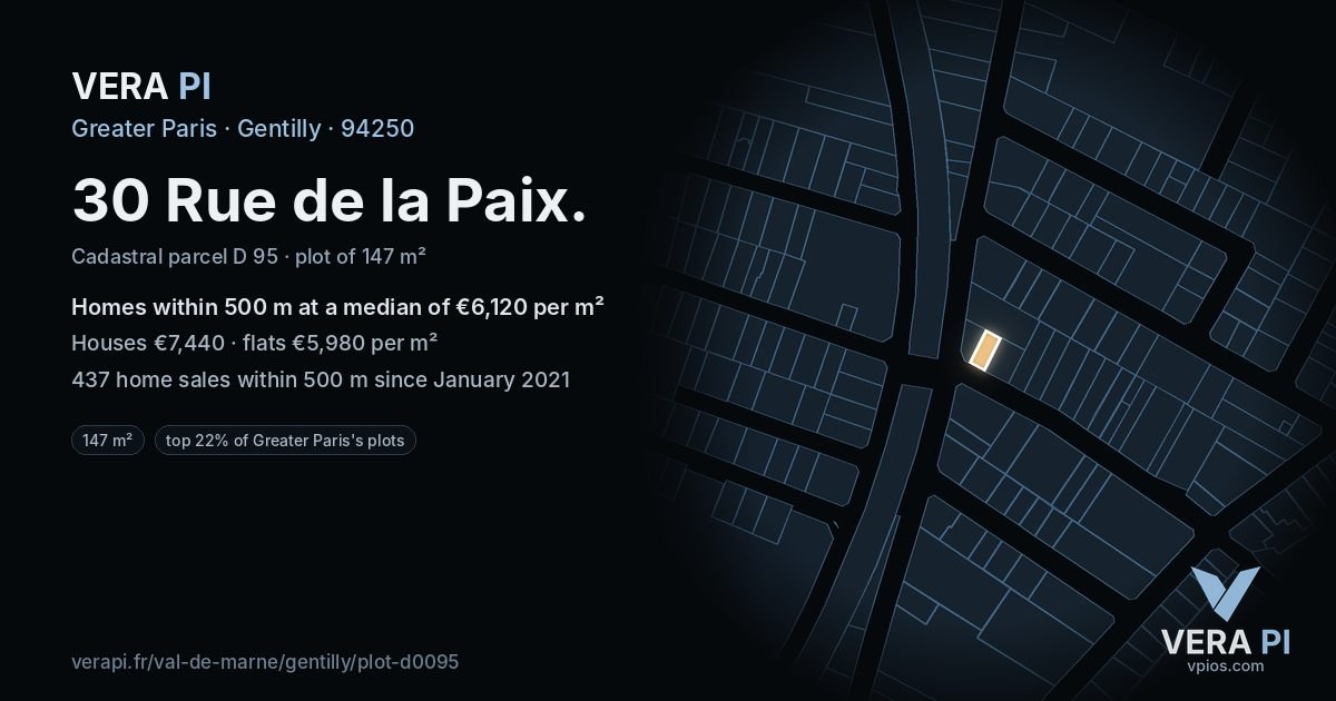 30 Rue de la Paix, Gentilly at night – the plot lit, the parcels around coloured by the prices near them