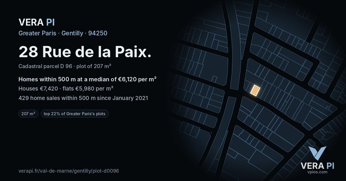 28 Rue de la Paix, Gentilly at night – the plot lit, the parcels around coloured by the prices near them
