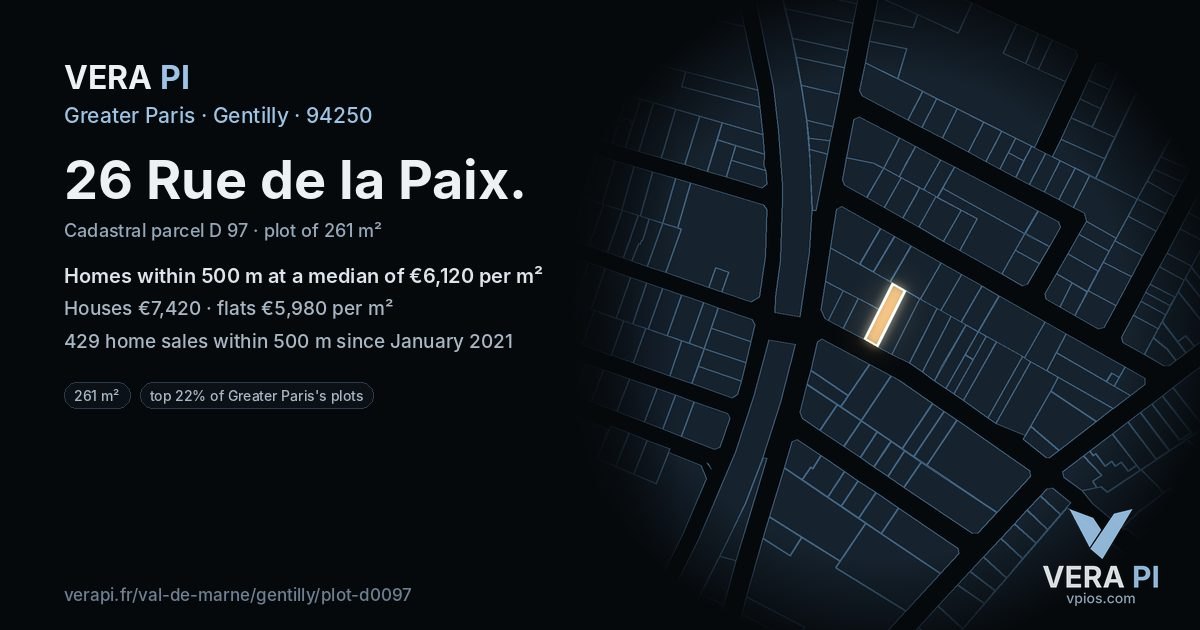 26 Rue de la Paix, Gentilly at night – the plot lit, the parcels around coloured by the prices near them