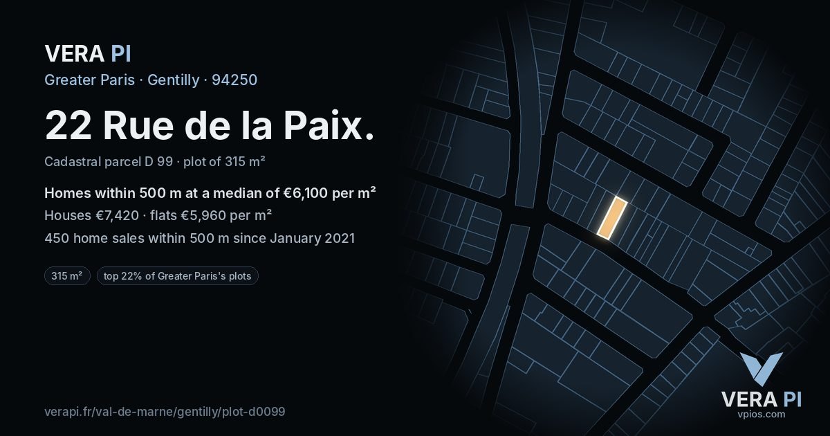 22 Rue de la Paix, Gentilly at night – the plot lit, the parcels around coloured by the prices near them