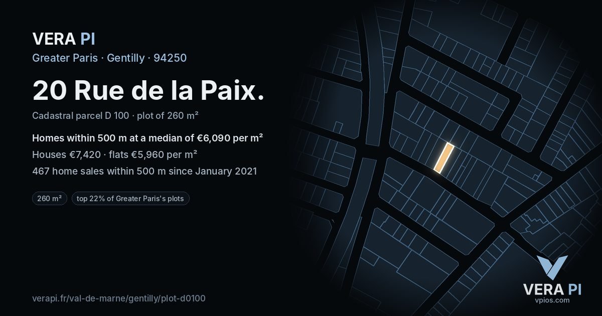 20 Rue de la Paix, Gentilly at night – the plot lit, the parcels around coloured by the prices near them