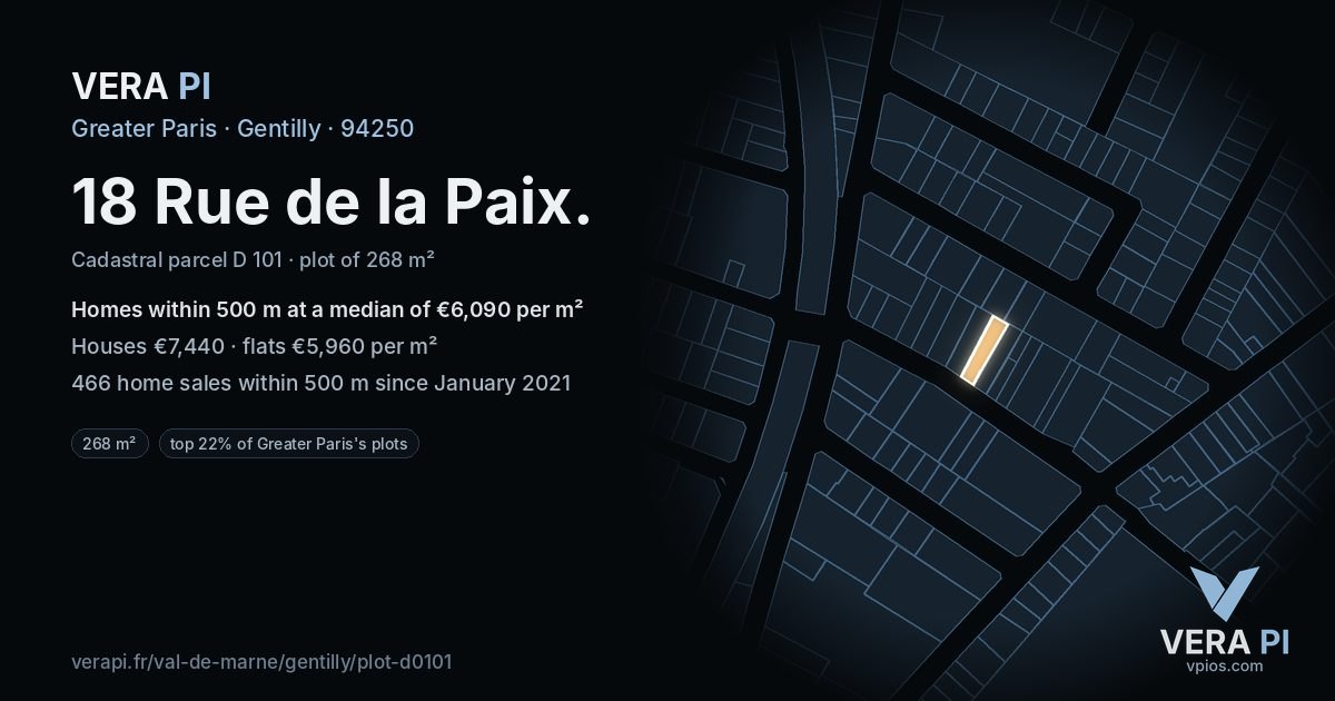 18 Rue de la Paix, Gentilly at night – the plot lit, the parcels around coloured by the prices near them