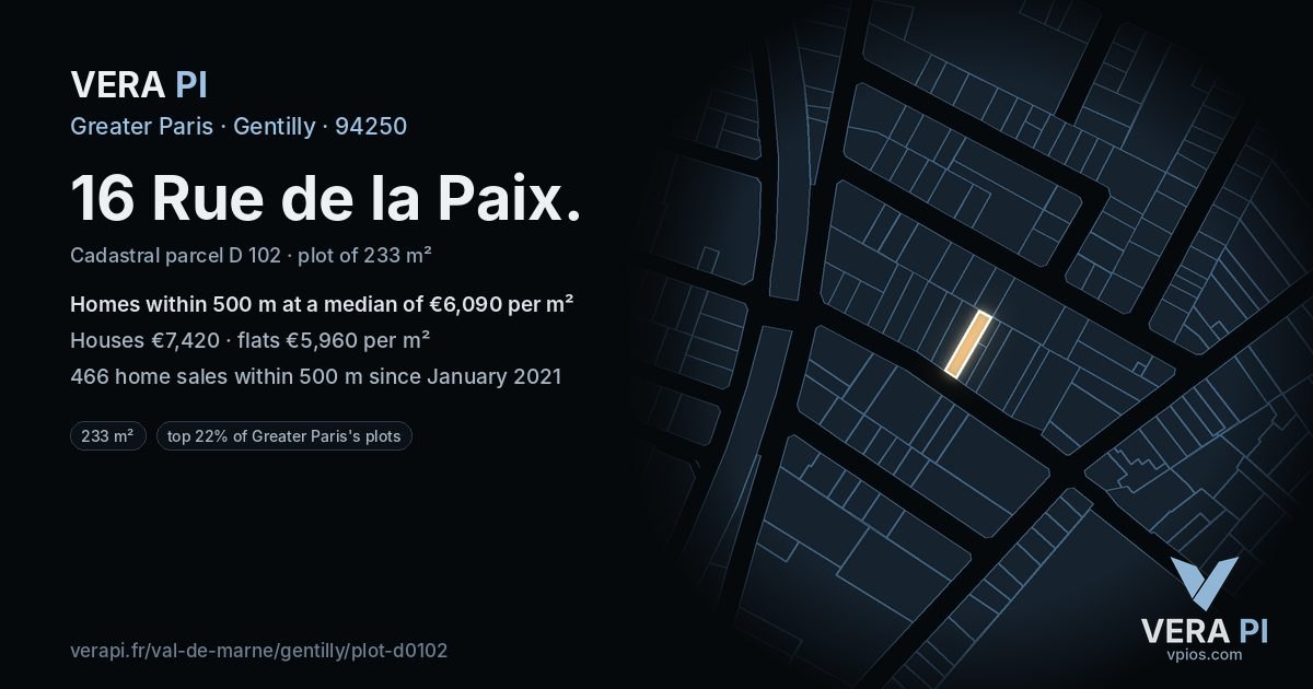 16 Rue de la Paix, Gentilly at night – the plot lit, the parcels around coloured by the prices near them