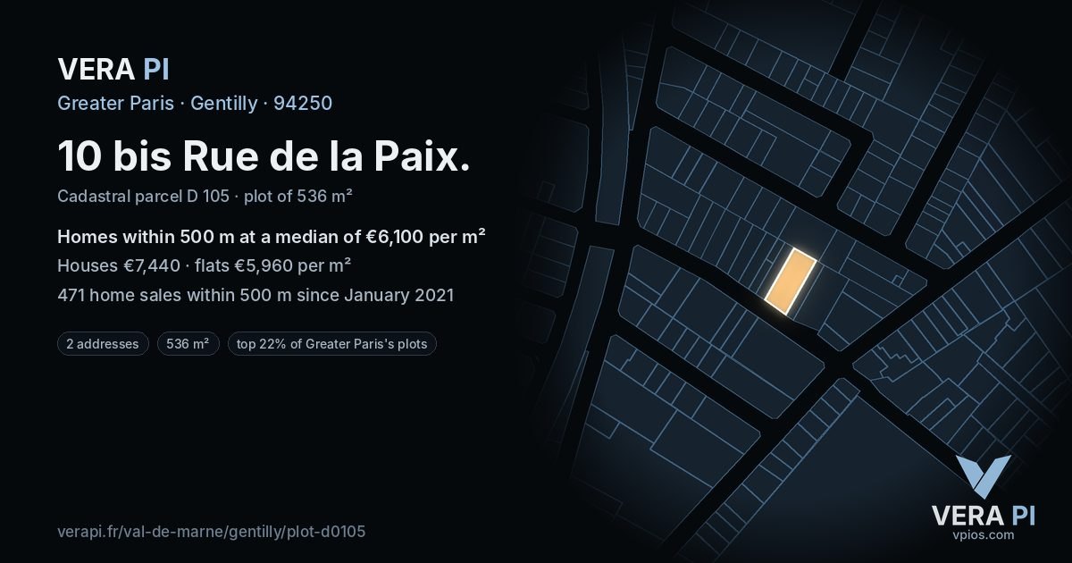 10 bis Rue de la Paix, Gentilly at night – the plot lit, the parcels around coloured by the prices near them