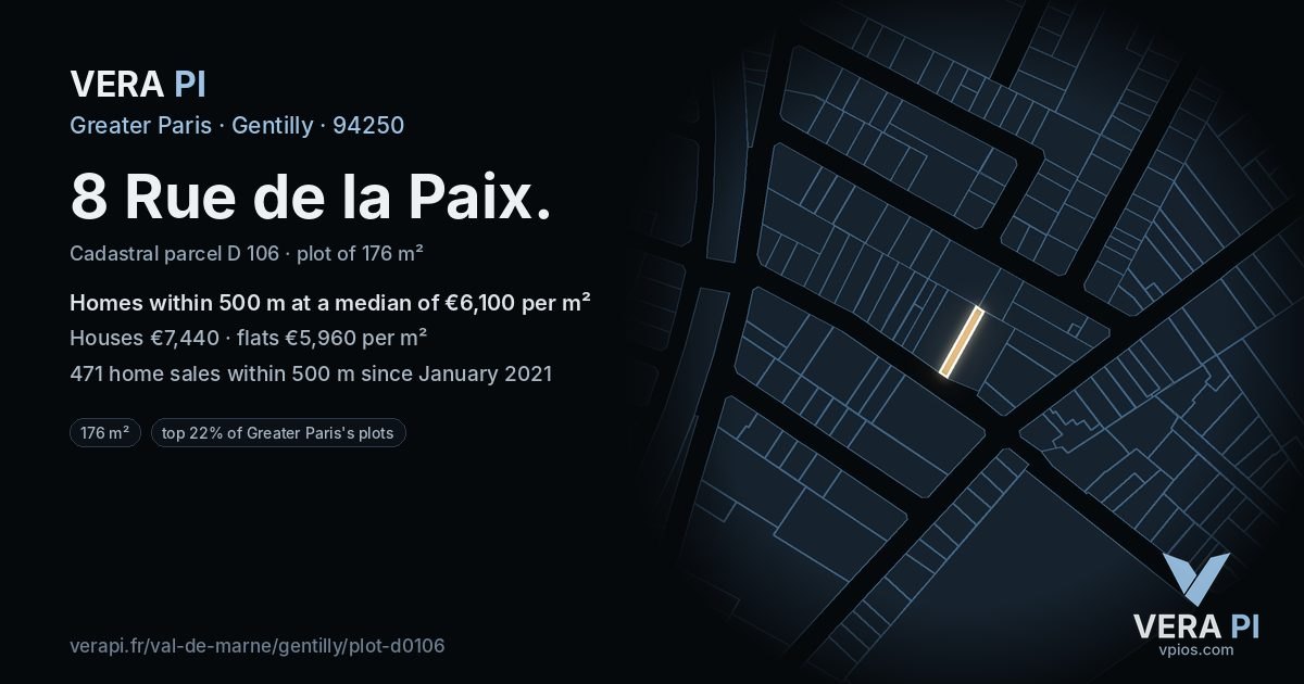8 Rue de la Paix, Gentilly at night – the plot lit, the parcels around coloured by the prices near them