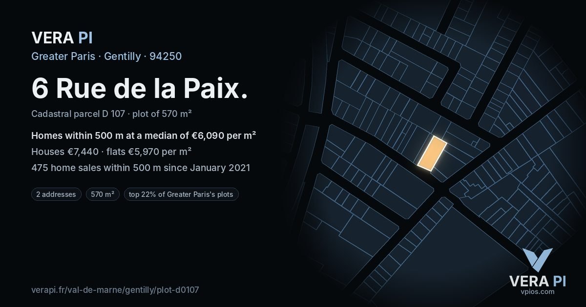6 Rue de la Paix, Gentilly at night – the plot lit, the parcels around coloured by the prices near them