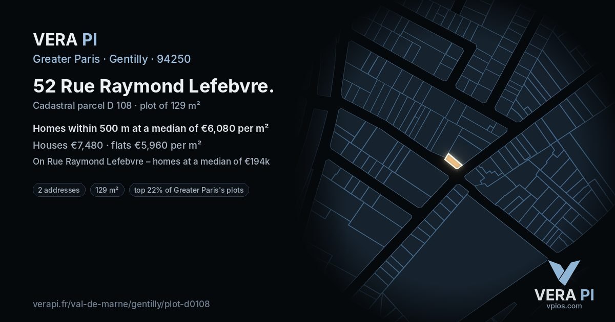 52 Rue Raymond Lefebvre, Gentilly at night – the plot lit, the parcels around coloured by the prices near them
