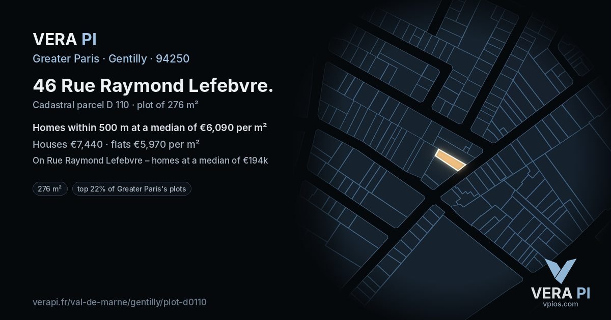 46 Rue Raymond Lefebvre, Gentilly at night – the plot lit, the parcels around coloured by the prices near them