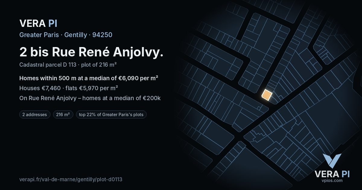 2 bis Rue René Anjolvy, Gentilly at night – the plot lit, the parcels around coloured by the prices near them
